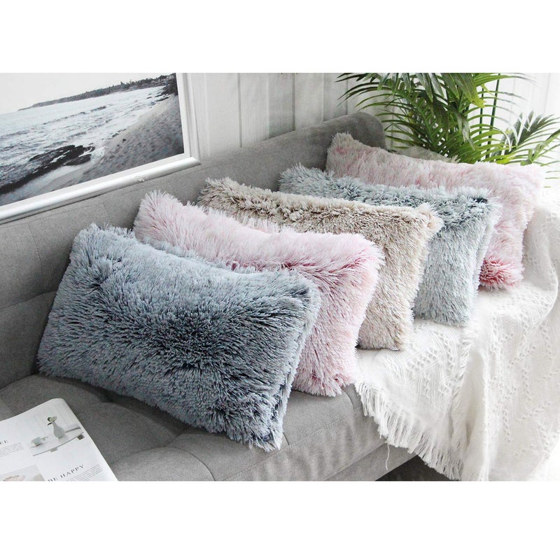 Uhomy 2 Packs Fluffy Accent Pillows Cover 20"x12", Soft Black Ombre Artificial Fur Throw Pillow Case, Modern Luxury Decorative Square Cushion Cover for farmhouse home decor for Sofa/Bed/Chair, 50x30cm - Image 4